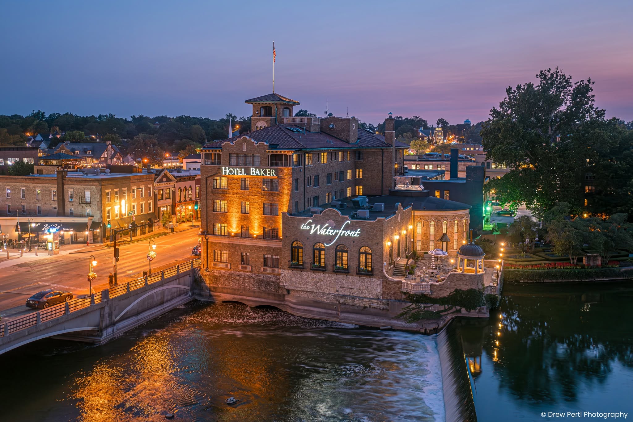 Hotel Baker and the Fox River at dusk in downtown St. Charles